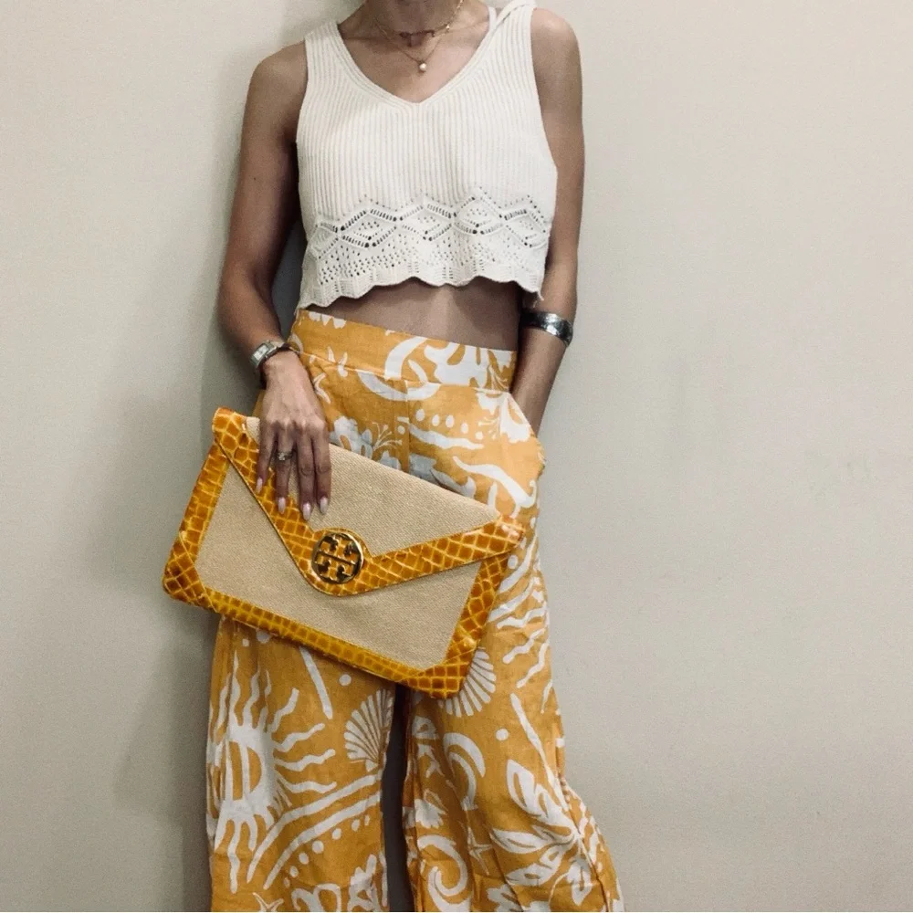 Tory Burch Yellow & Natural Raffia Envelope Crossbody